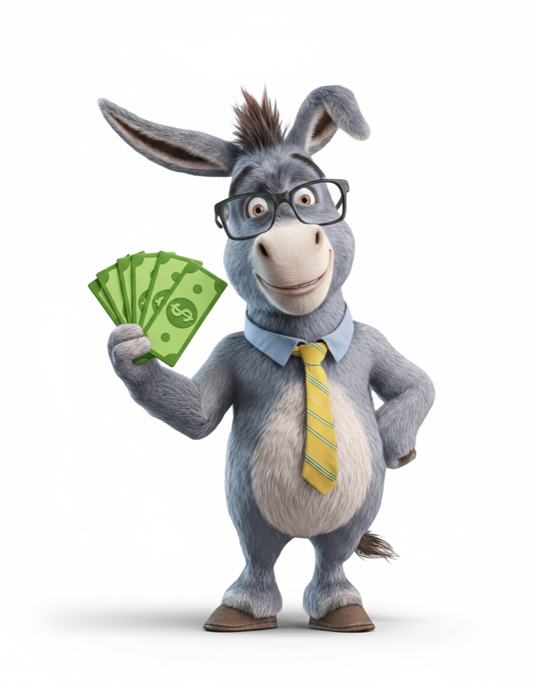The DonkeyLoans mascot holding a fan of dollar bills