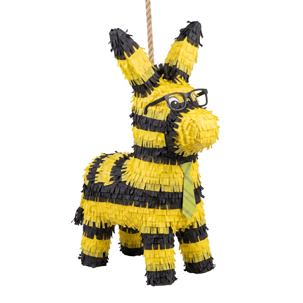A yellow and black donkey piñata with glasses and a tie, hanging from a rope