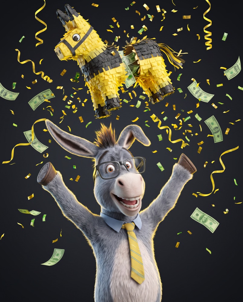 The DonkeyLoans mascot celebrating under a burst piñata raining confetti